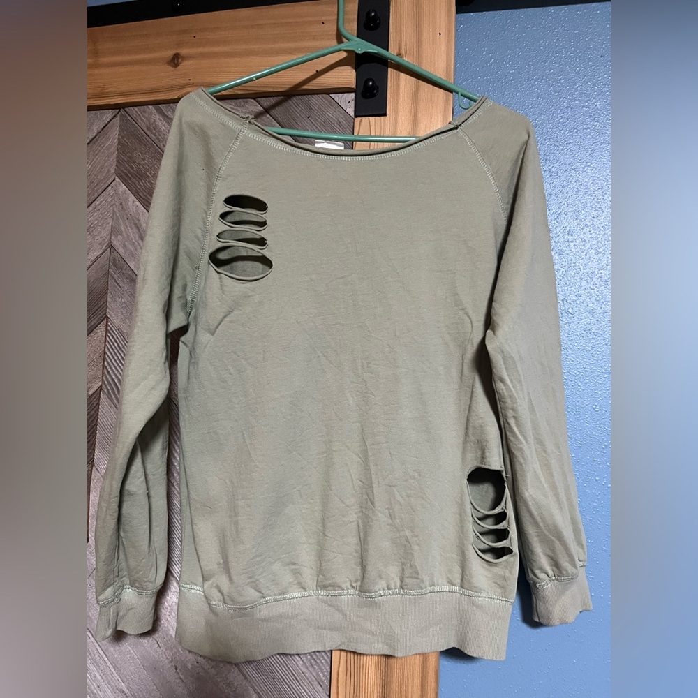Olive Green Distressed Women's off the shoulder Sweatshirt